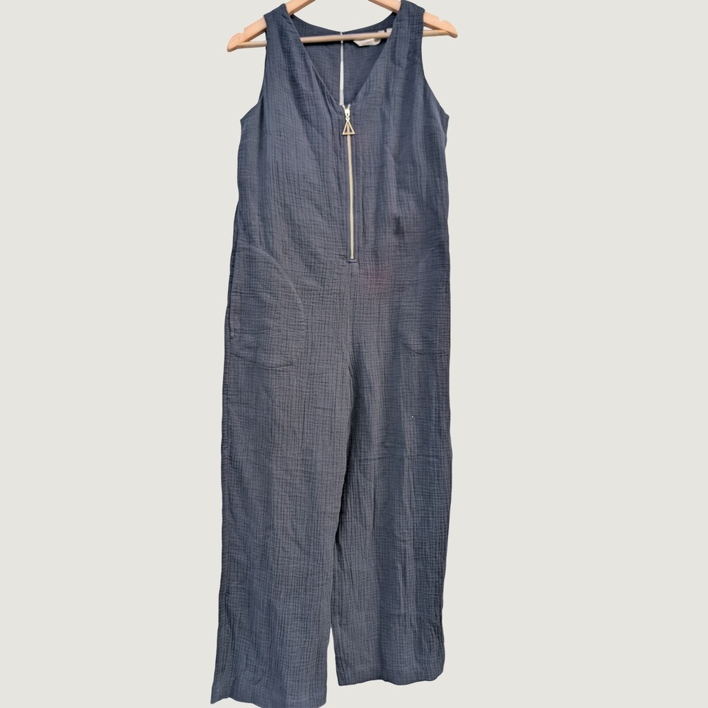 Soft Surroundings Cotton Gauze Jumpsuit Womens XS Black Zip Front Wide Leg